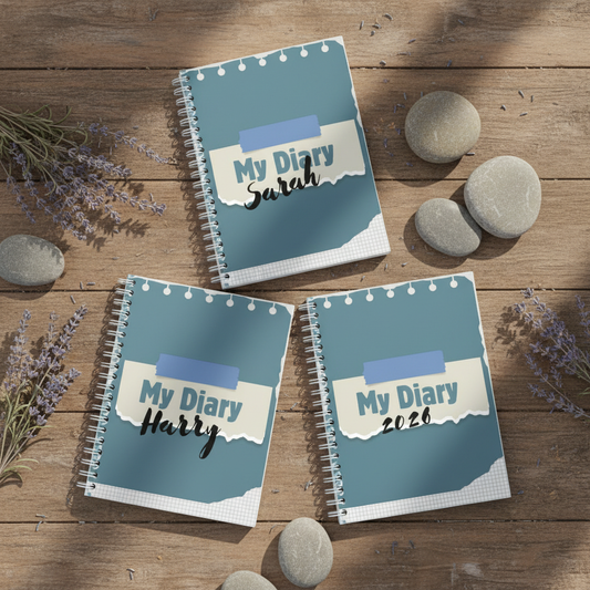 Three diaries in triangle with lavender - square