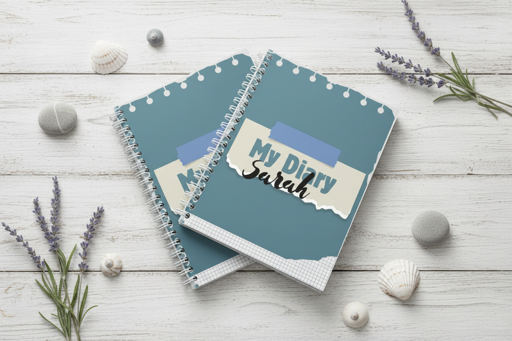 Three diaries stacked with shells and sea lavender