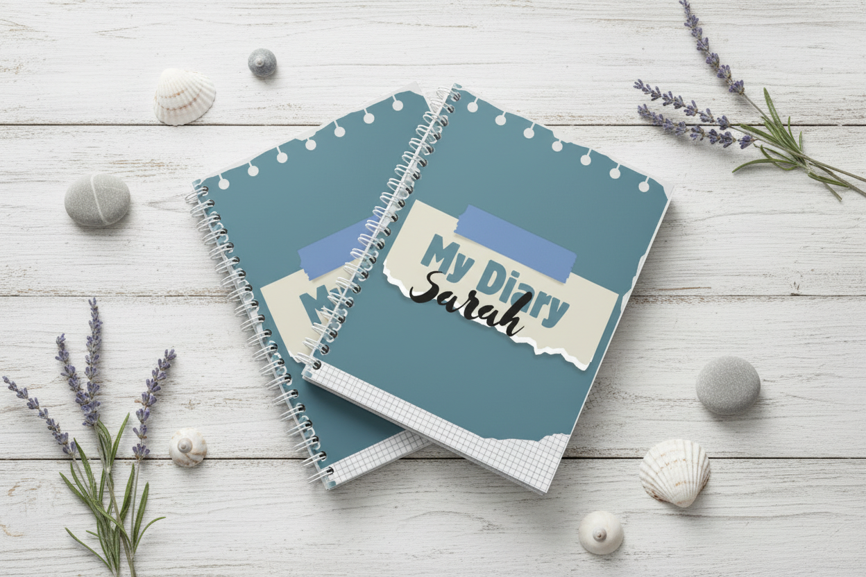 Three diaries stacked with shells and sea lavender