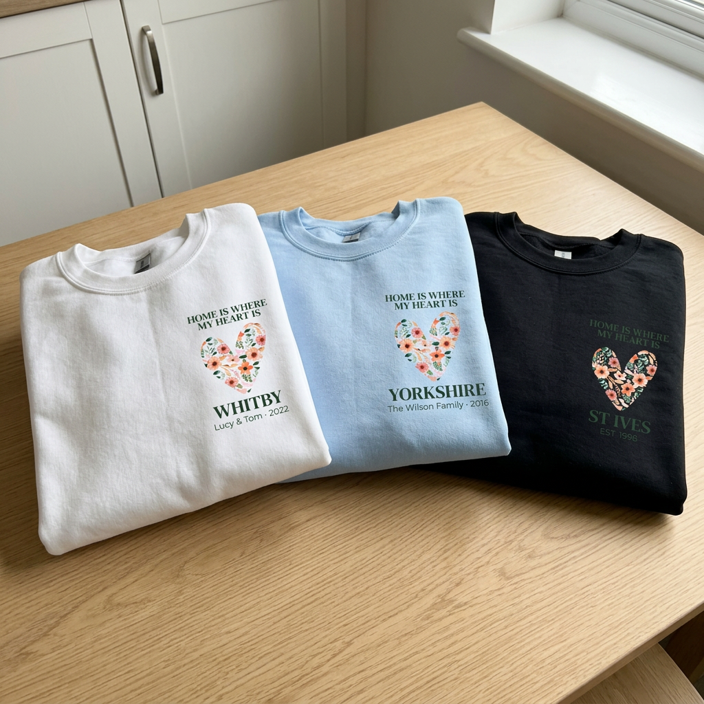 Three personalized sweatshirts: white, light blue, and black, each with floral heart print