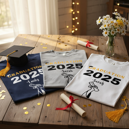 Three folded tees with graduation items