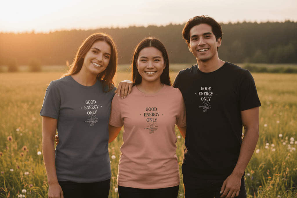 Crewneck T-shirt with 'GOOD ENERGY ONLY' print, dark, mauve, and light mauve