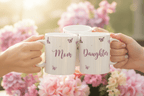 Two white mugs with butterfly print, text Mom and Daughter, held by hands