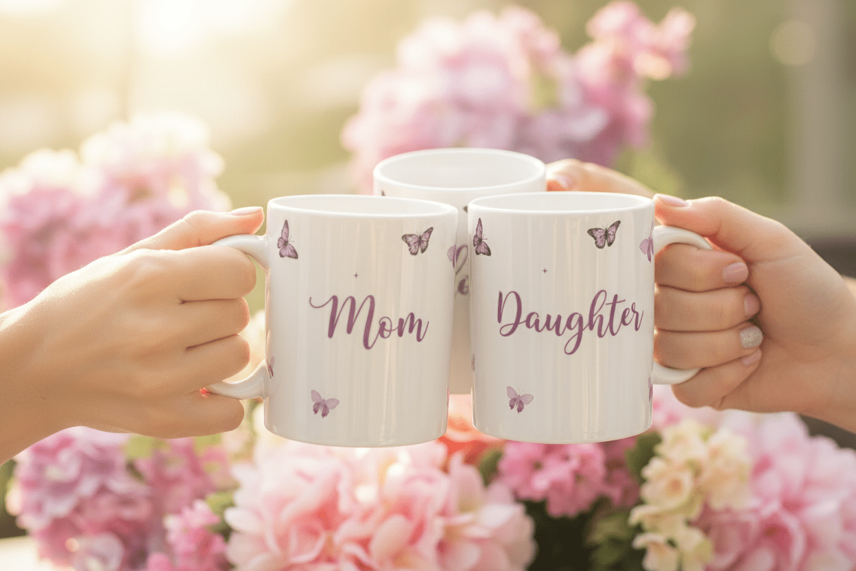Two white mugs with butterfly print, text Mom and Daughter, held by hands