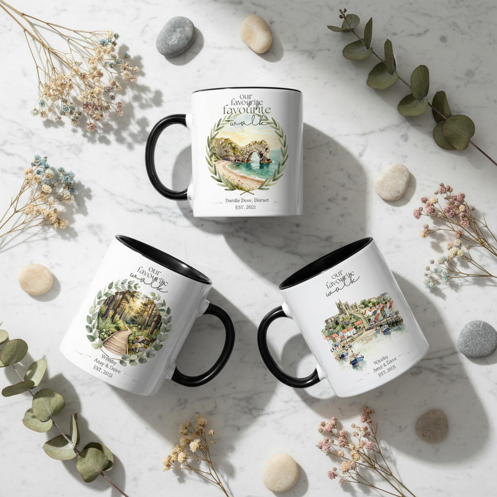 Three Mugs Together – Marble Flat Lay – Overhead