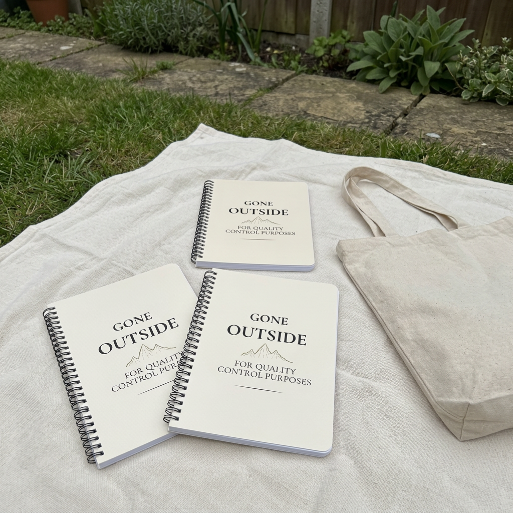 Three notebook colour concepts on a garden blanket