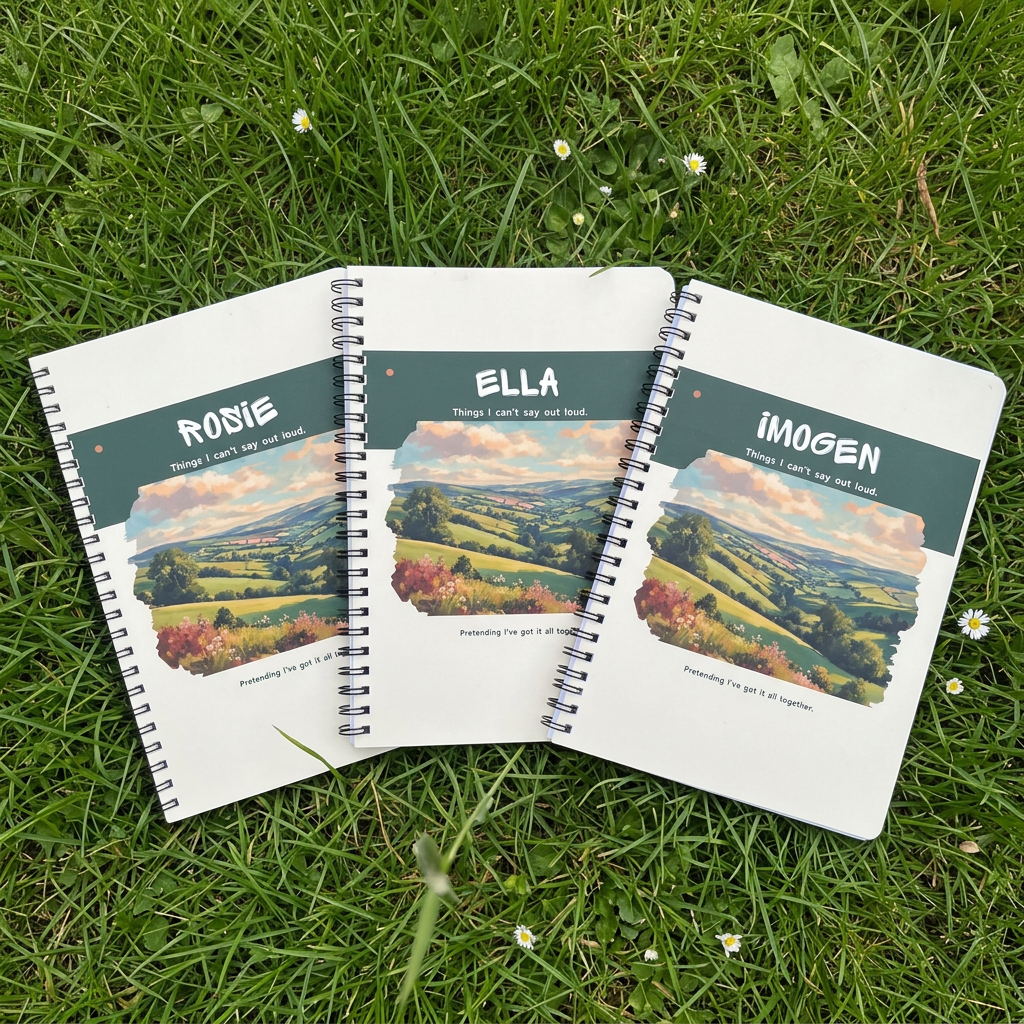 Three personalised countryside notebooks together on garden grass