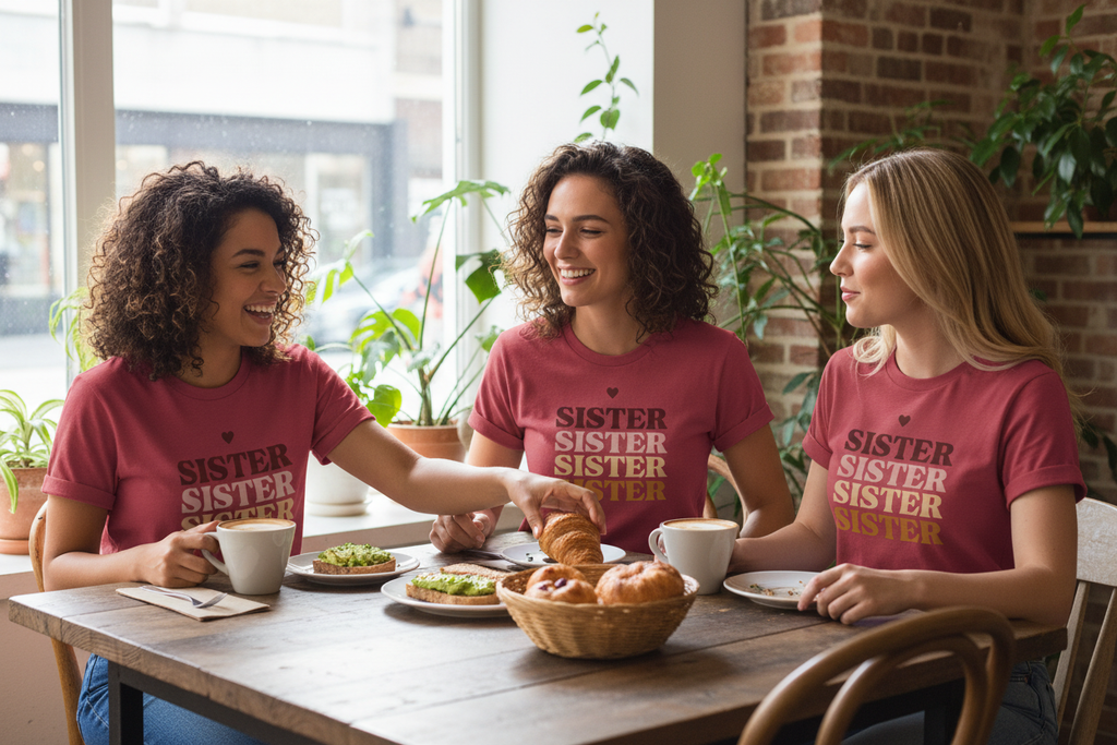 Maroon t-shirt with stacked SISTER text graphic