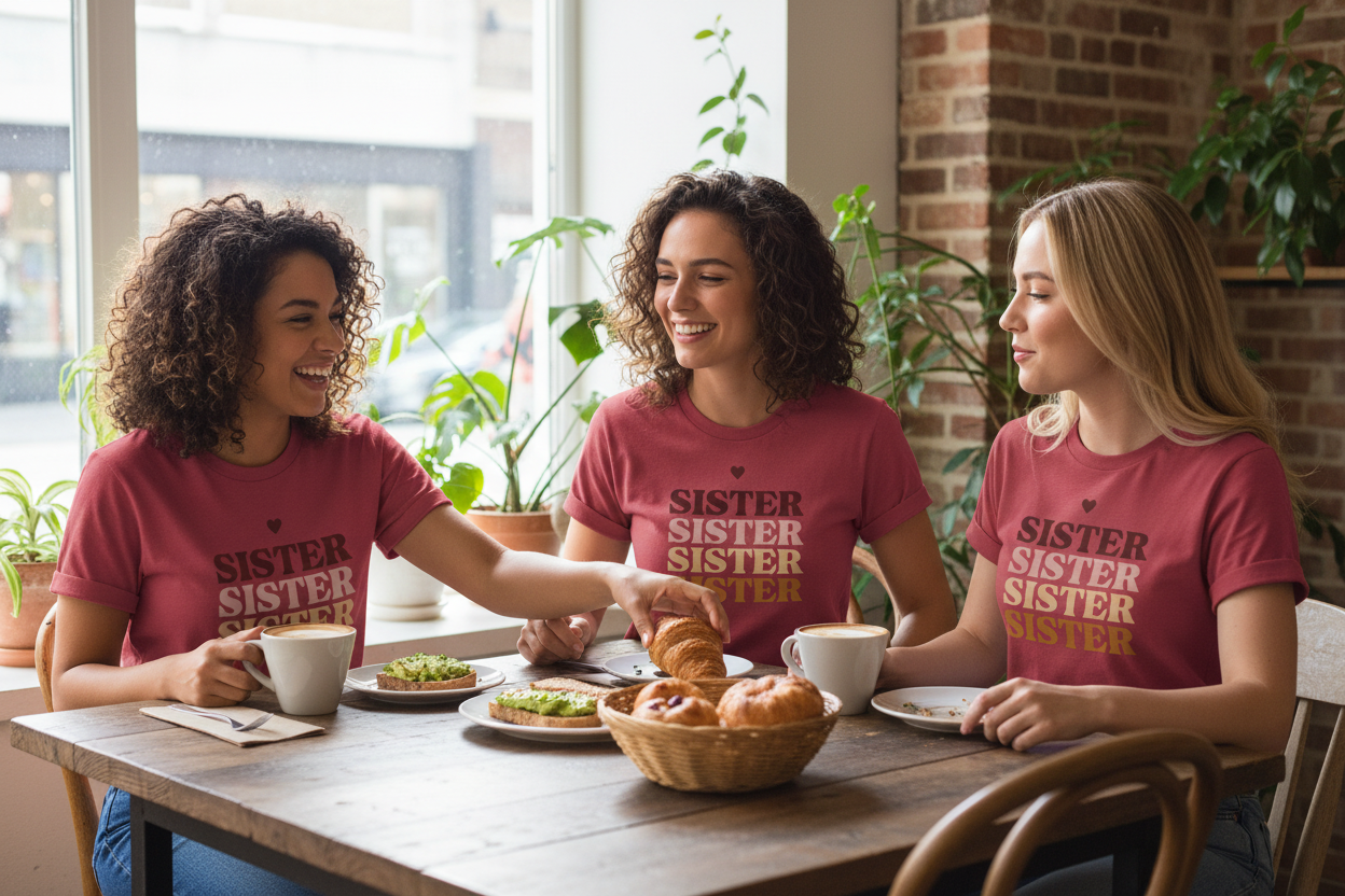 Maroon t-shirt with stacked SISTER text graphic