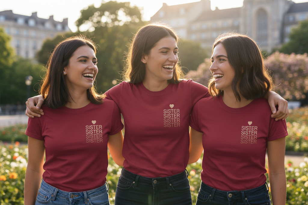 Maroon t-shirt with SISTER stacked text graphic, heart at top