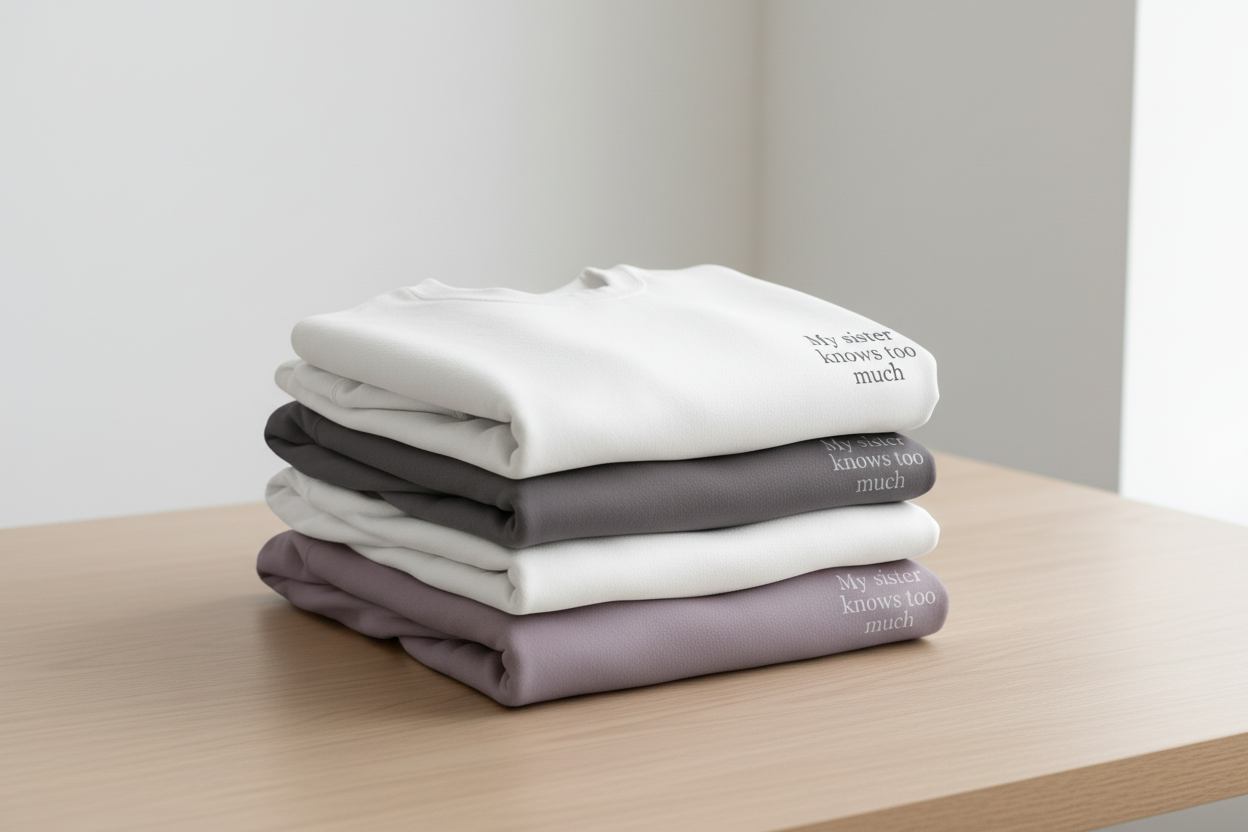 Three sweatshirts folded on table