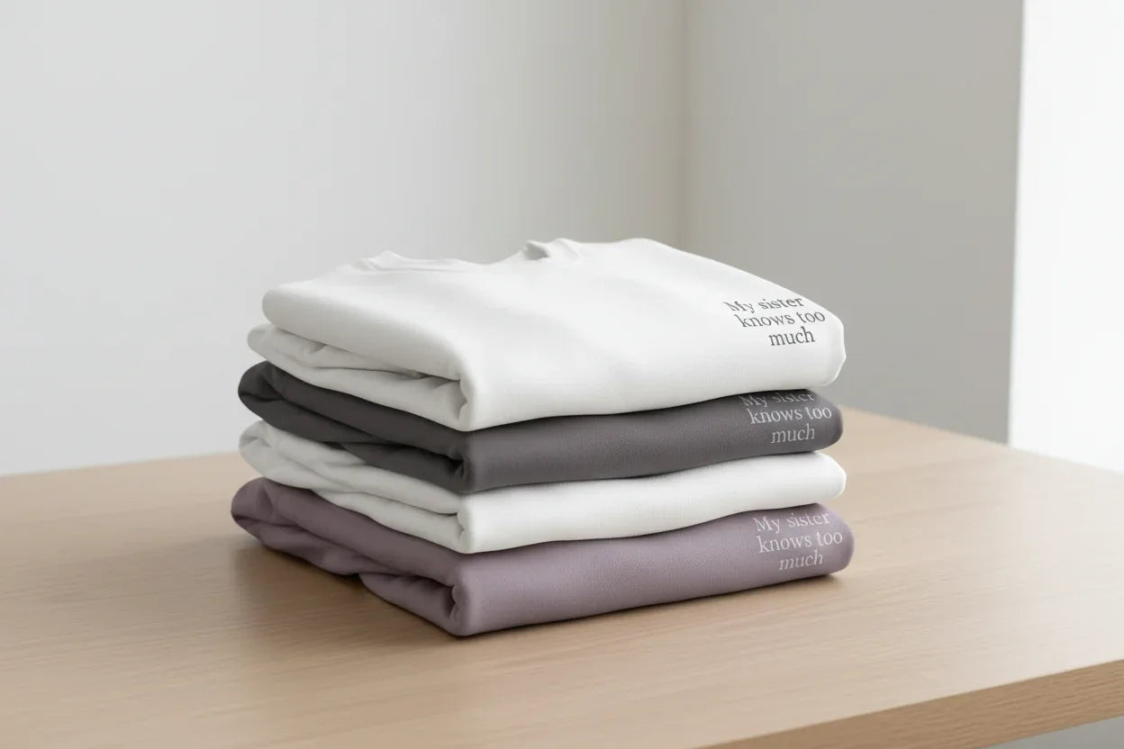 Stack of folded crewneck sweatshirts in white, dark gray, and lavender with chest text