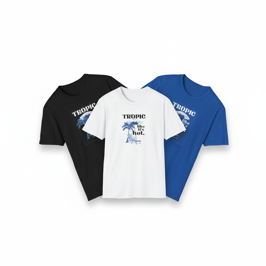 Three Tropic Like It's Hot T-shirts on white background in black, white, and blue with palm graphic