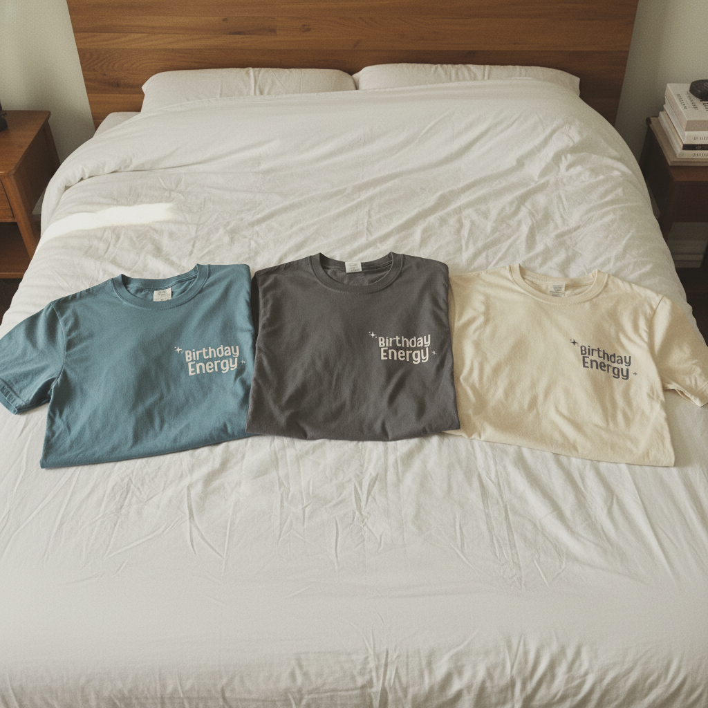 Birthday Energy T-shirts in teal, gray, and ivory laid on bed with front graphic