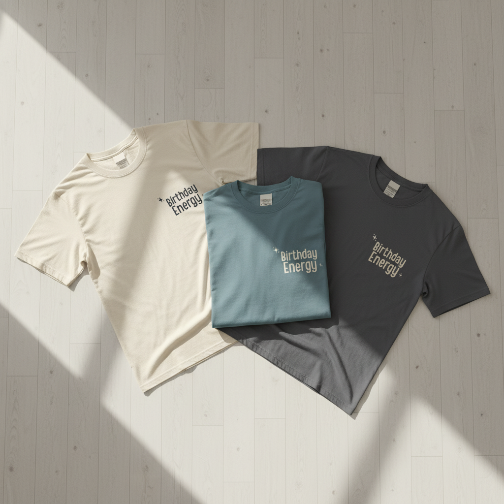 Crewneck Birthday Energy tees in cream, teal, and dark gray with front graphic