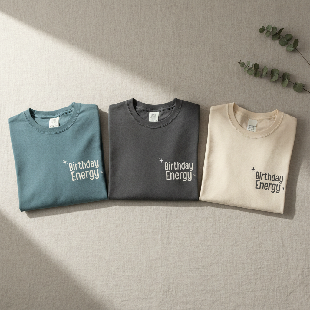 Crewneck Birthday Energy tees in teal, graphite, and ivory with front graphic