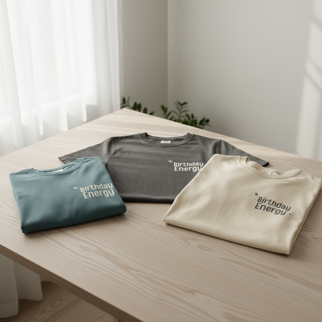 Birthday Energy T-shirts in gray, teal, and ivory with small chest graphic