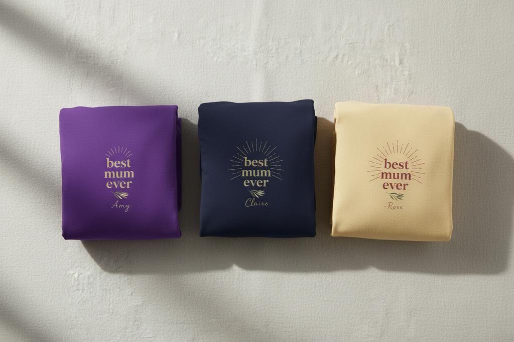 Set of 3 folded T-shirts: purple, navy, and cream, each with 'best mum ever' print