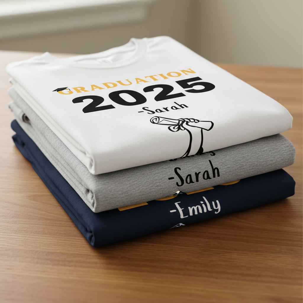 Three tees stacked - navy, grey, white