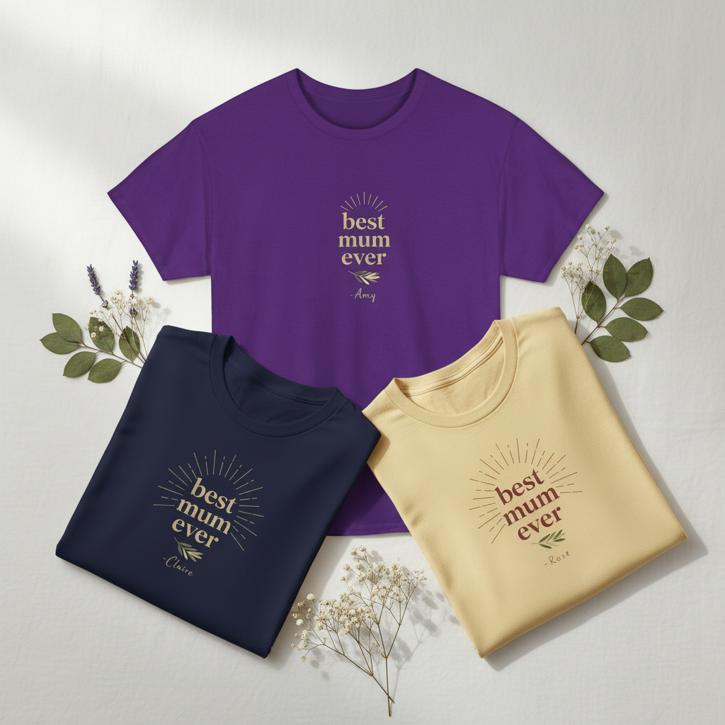 3-pack T-shirts: purple, navy, and cream, each with 'best mum ever' print and name