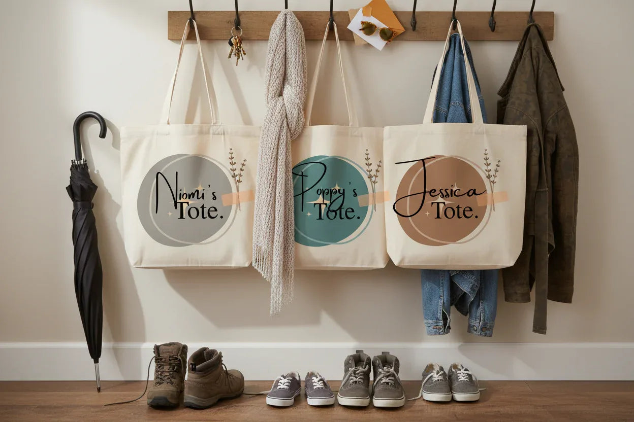 White cotton tote bags with circular name prints, hanging on hooks