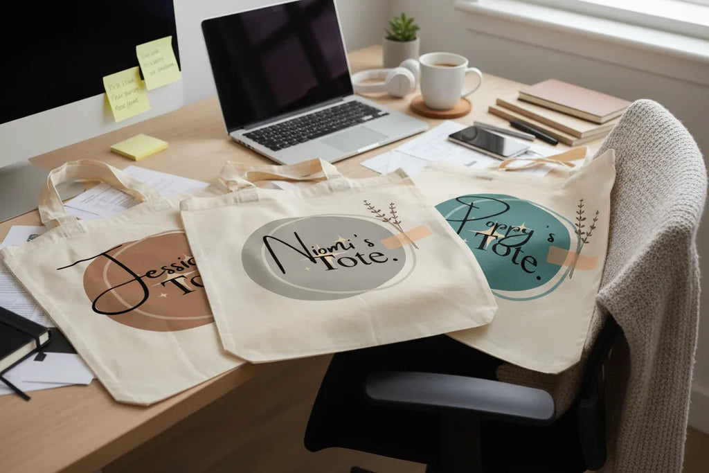 White cotton tote bags with circular logo prints on a desk, with long handles