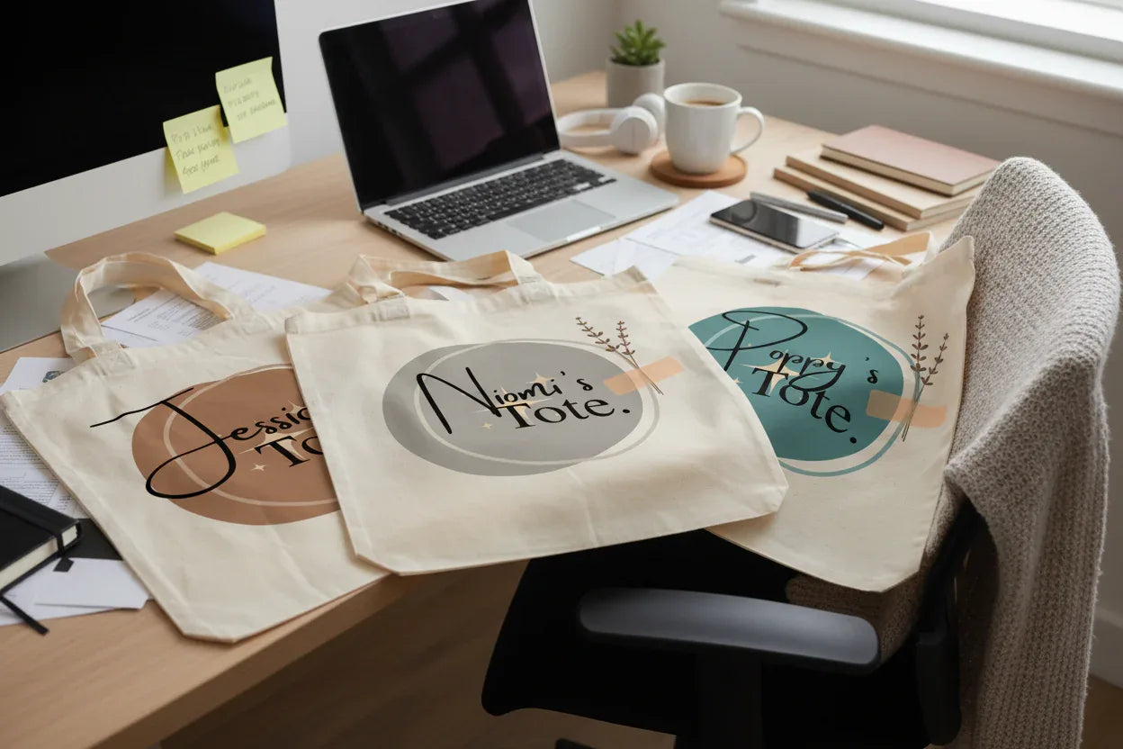 White cotton tote bags with circular logo prints on a desk, with long handles