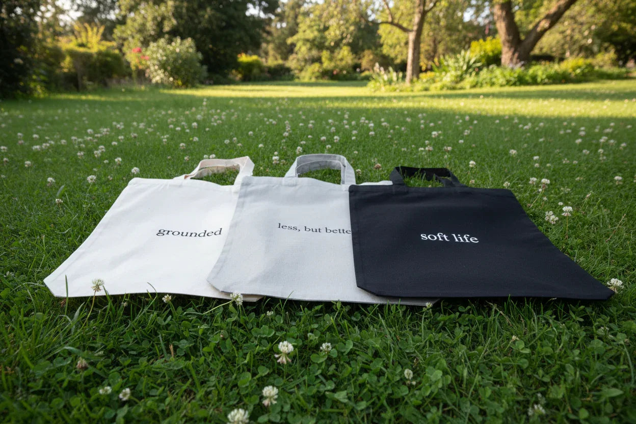 Folded cotton tote set: white 'grounded', grey 'less, but better', dark 'soft life'.