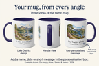 Three-view Lake District mug personalisation guide showing the design, handle and example personalised message