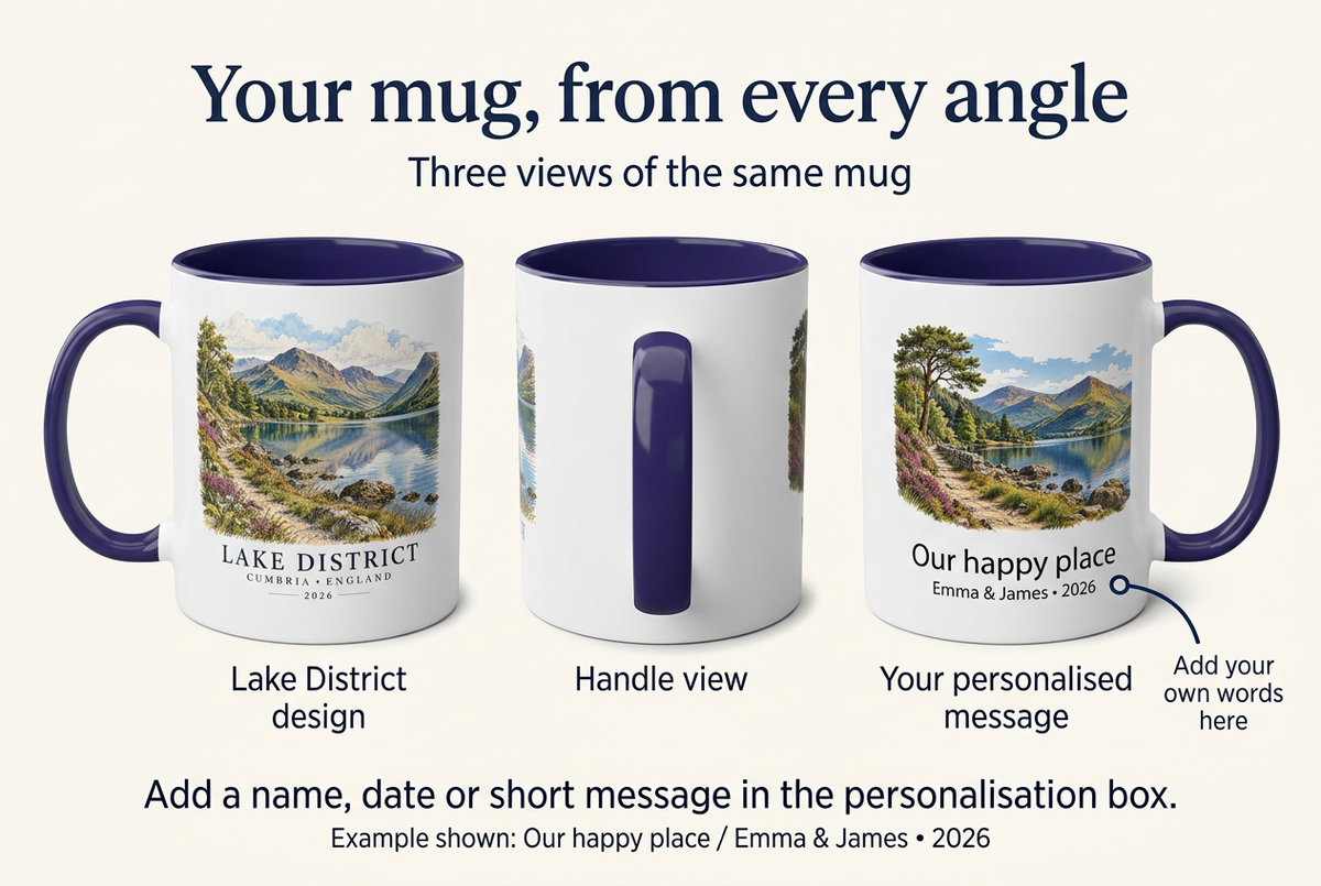 Three-view Lake District mug personalisation guide showing the design, handle and example personalised message
