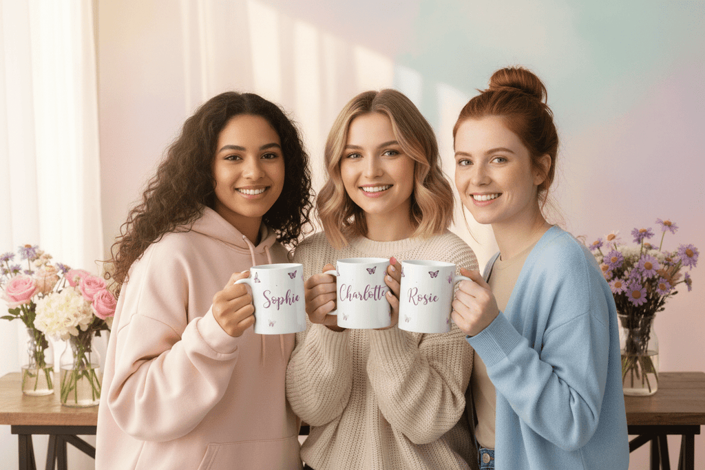 Set of three white mugs with butterfly print and names Sophia, Charlotte, and Rosie