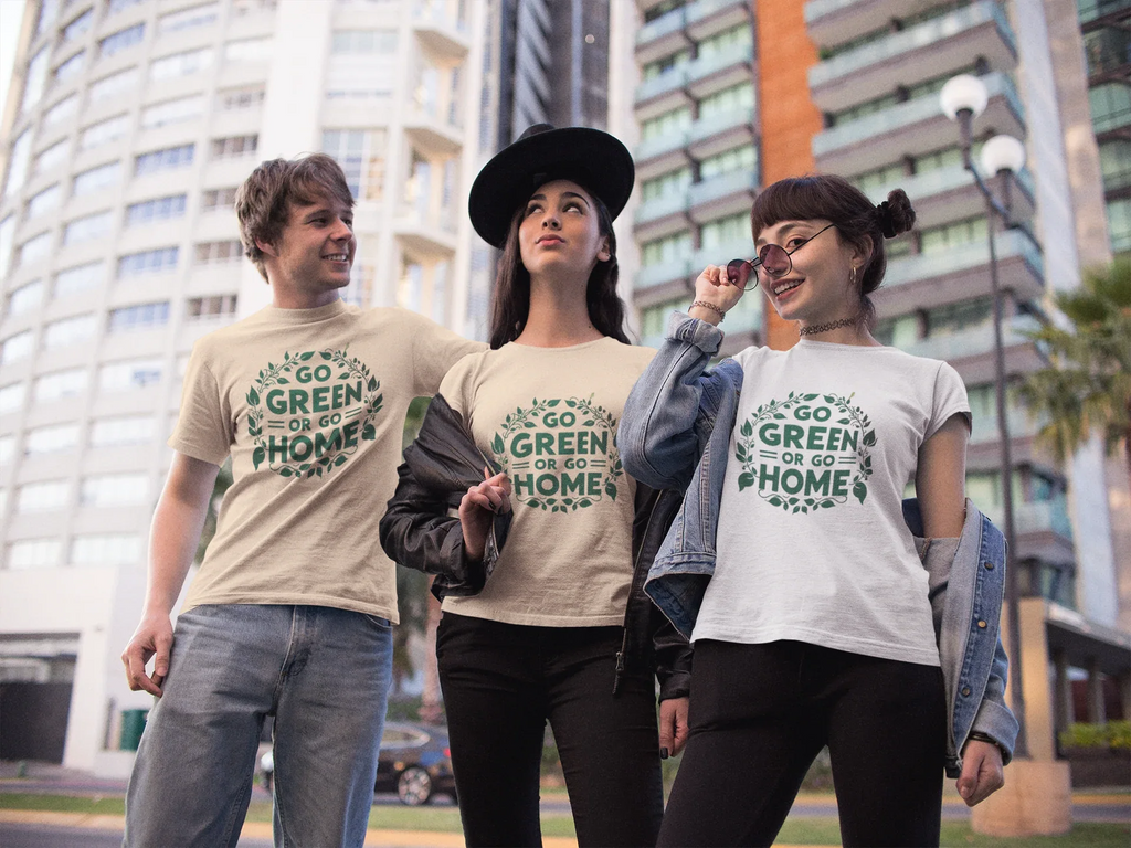 White unisex T-shirt with front graphic print reading "GO GREEN OR GO HOME"