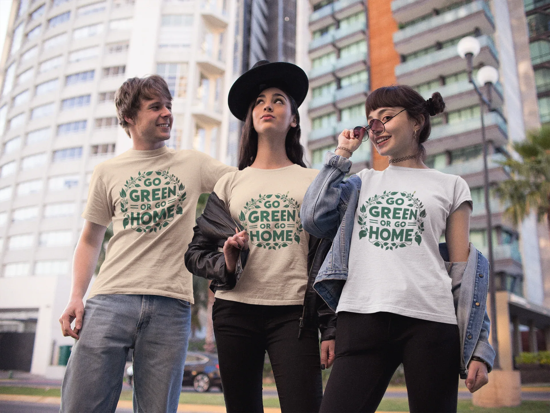 White unisex T-shirt with front graphic print reading "GO GREEN OR GO HOME"