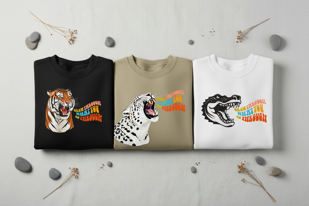 3-pack sweatshirts: black tiger, beige leopard, white crocodile designs.
