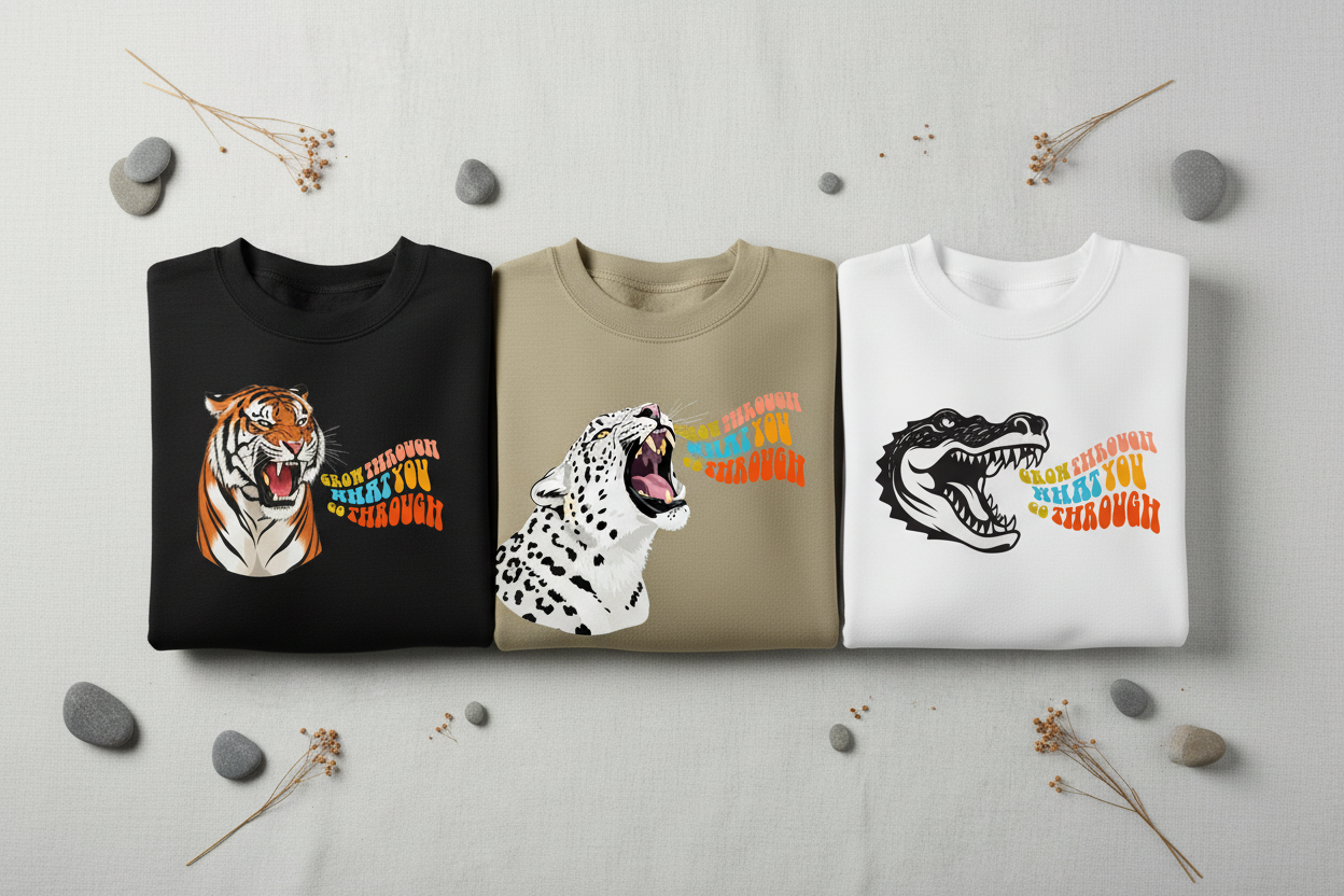3-pack sweatshirts: black tiger, beige leopard, white crocodile designs.