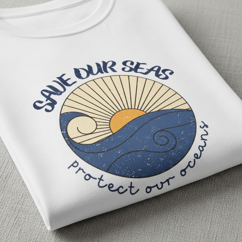 White T-shirt close-up with Save Our Seas wave logo print