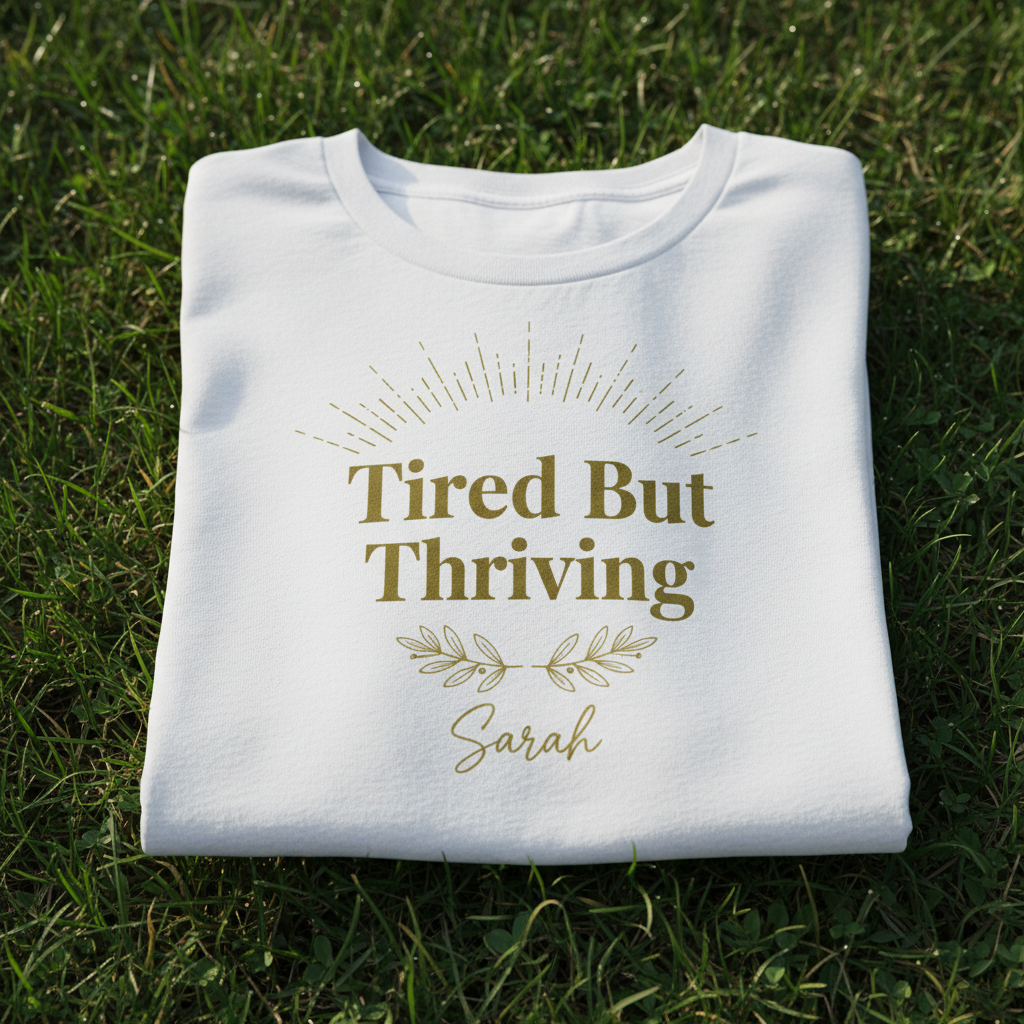 Light blue T-shirt with gold “Tired But Thriving” text and “Sarah”