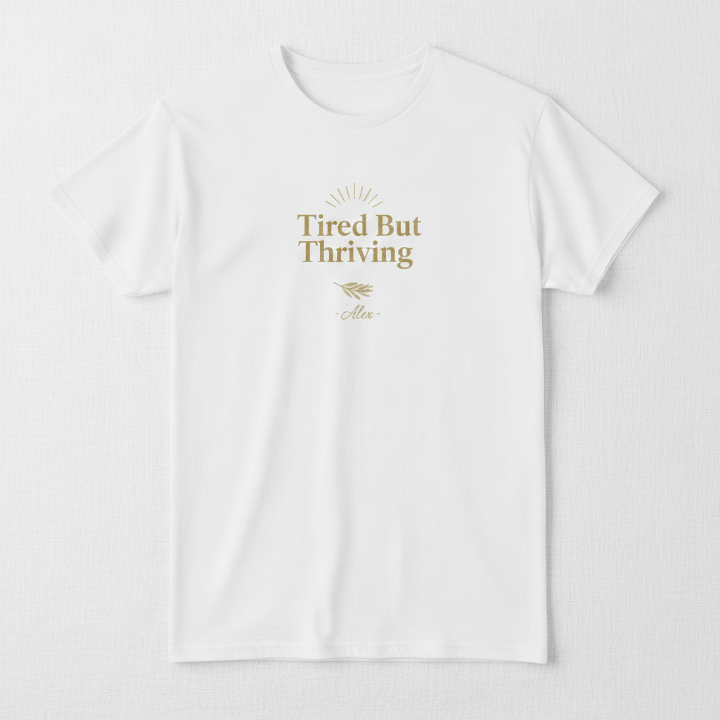 White T-shirt with gold “Tired But Thriving” graphic and leaf accents