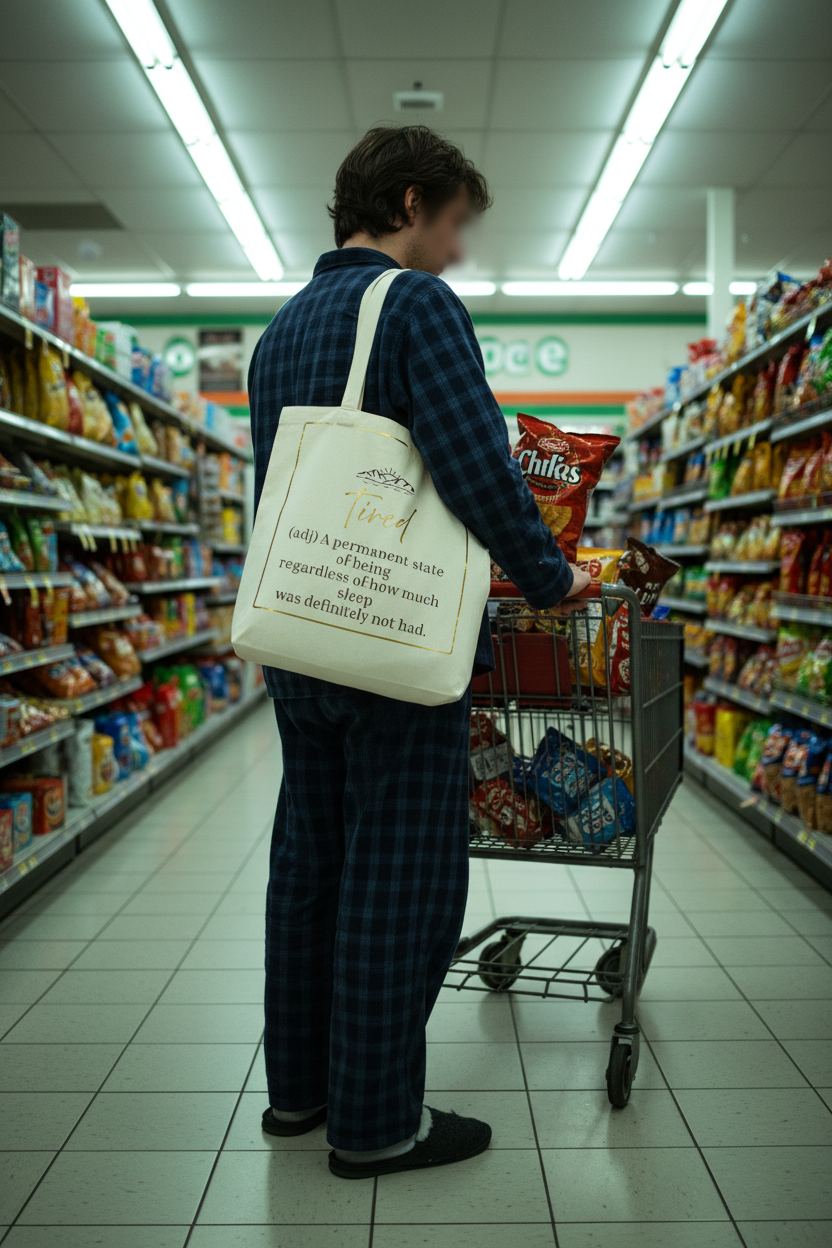 Tired tote late night shopping