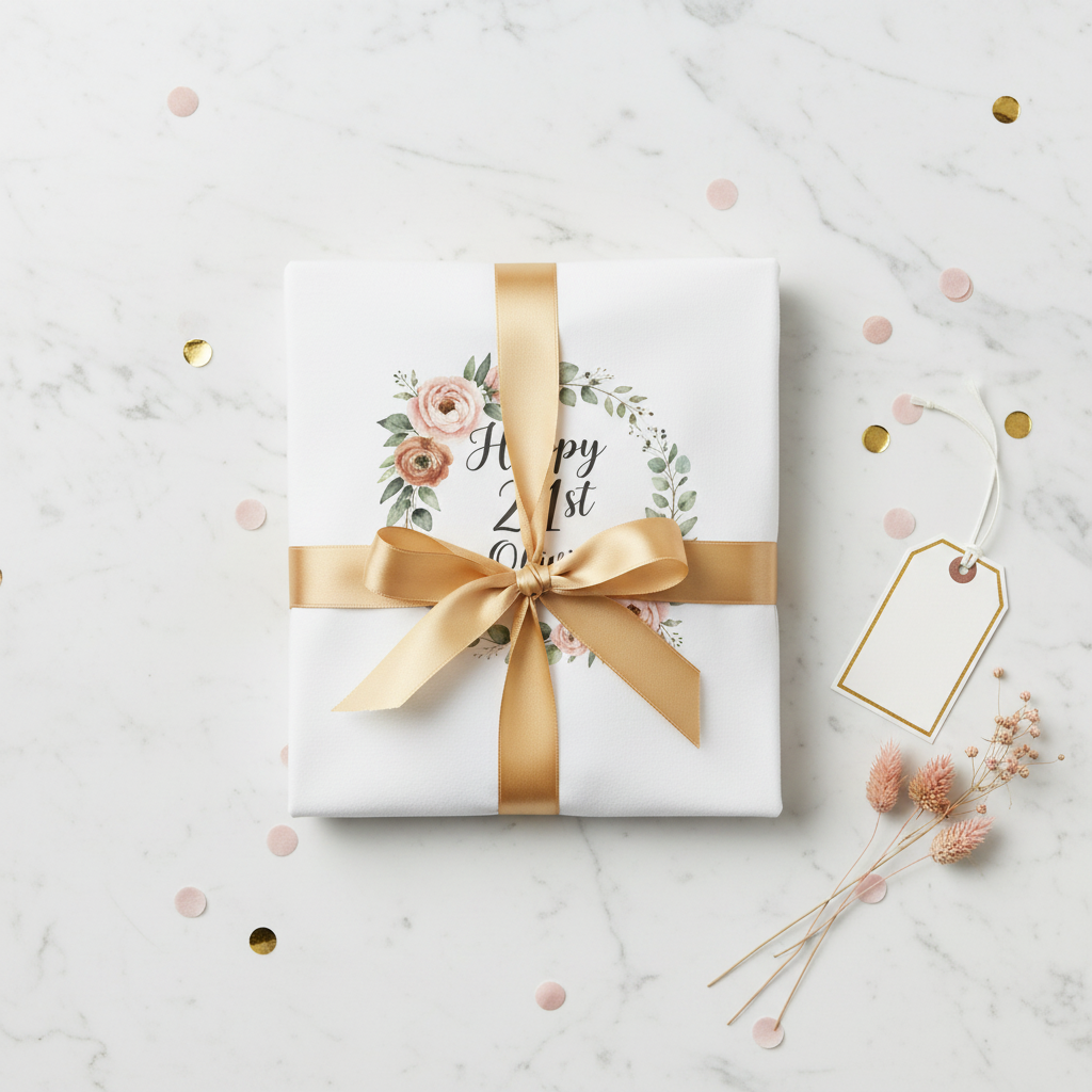 Tissue Wrap Gold Ribbon — Happy 21st Olivia