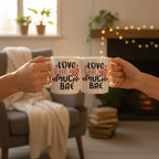 Pair of white mugs with “Love you much BAE” red heart and black text