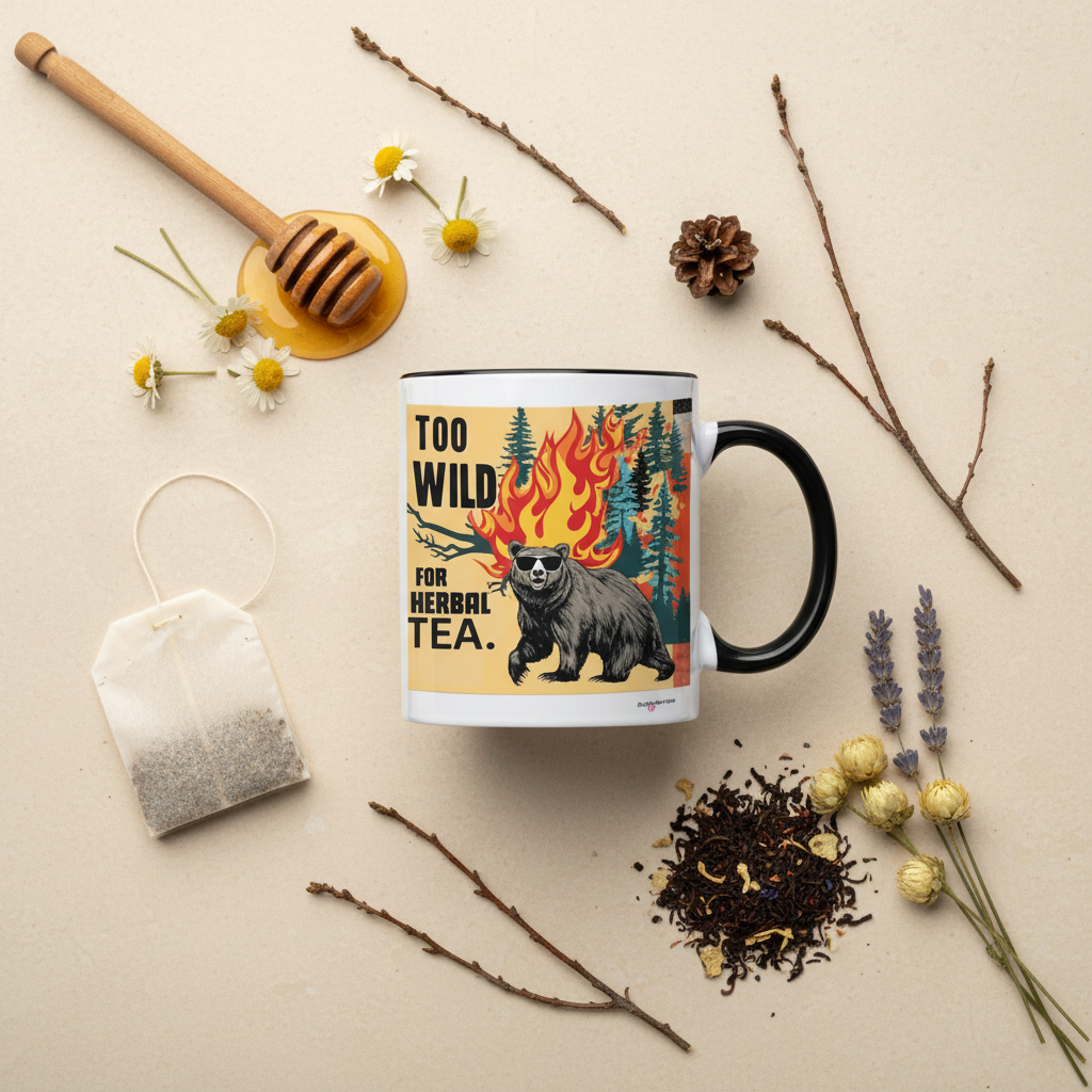 Navy ceramic mug with bear, pine trees, and flames; reads “TOO WILD FOR HERBAL TEA.”