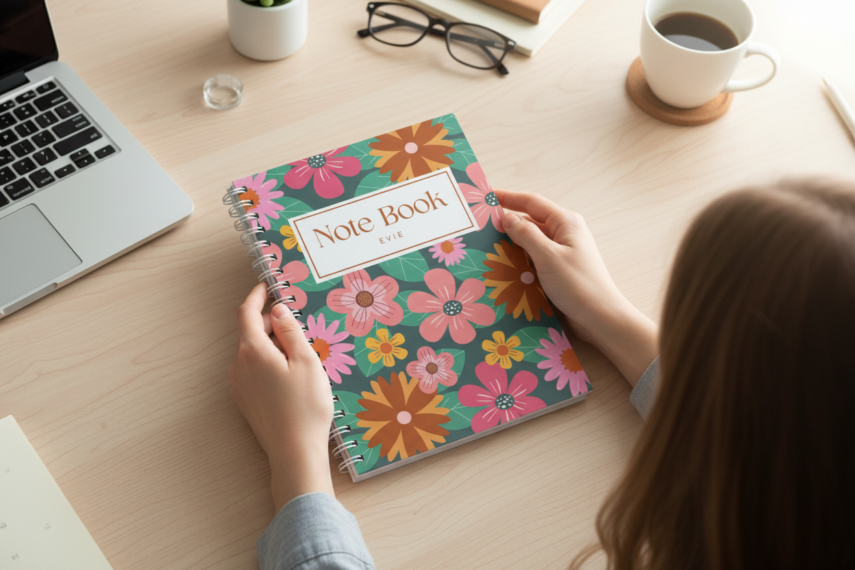 Top-down view of hands holding notebook at workspace