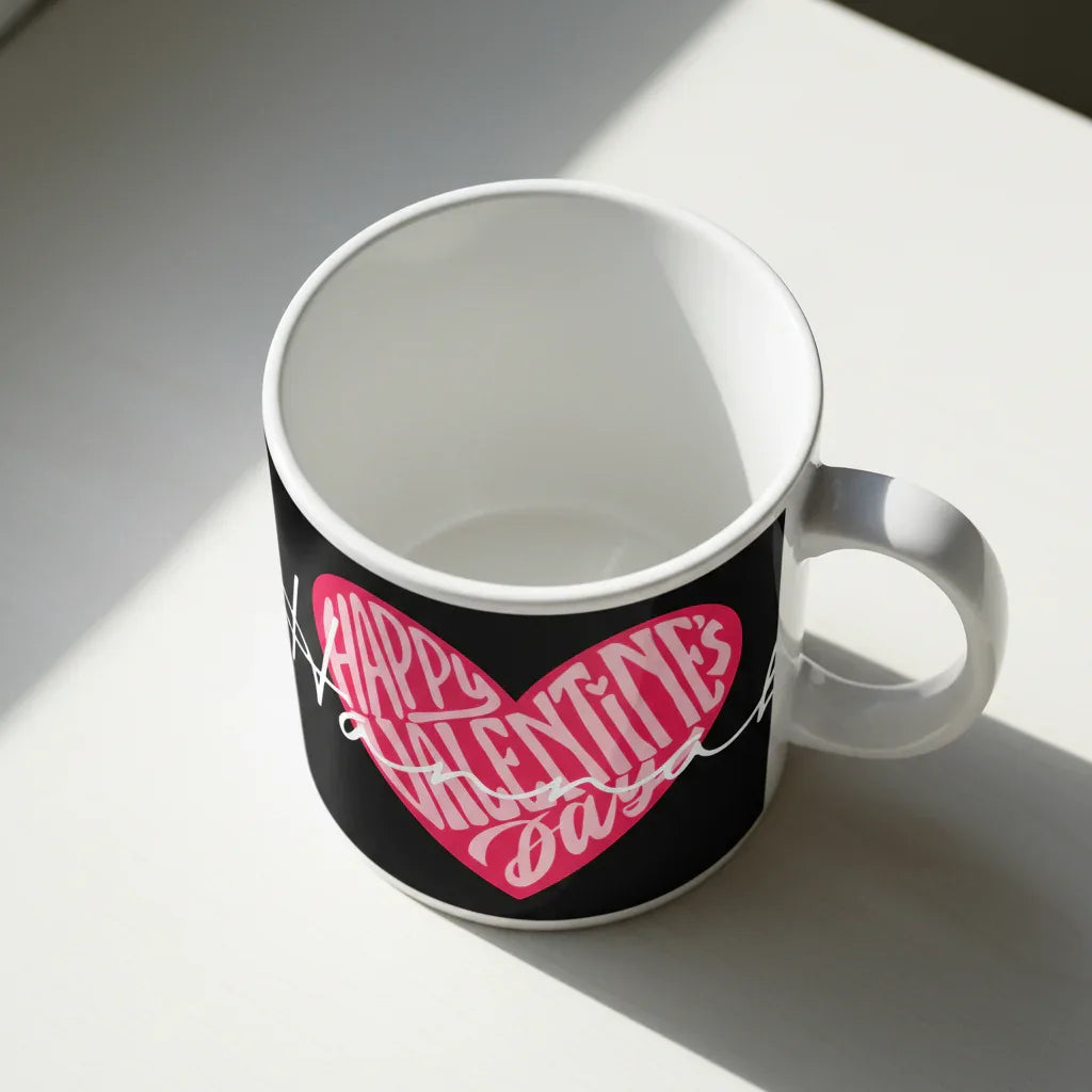 Black ceramic mug with pink heart “Happy Valentine’s Day” design