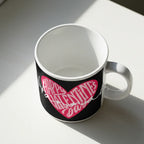 Black ceramic mug with pink heart “Happy Valentine’s Day” design