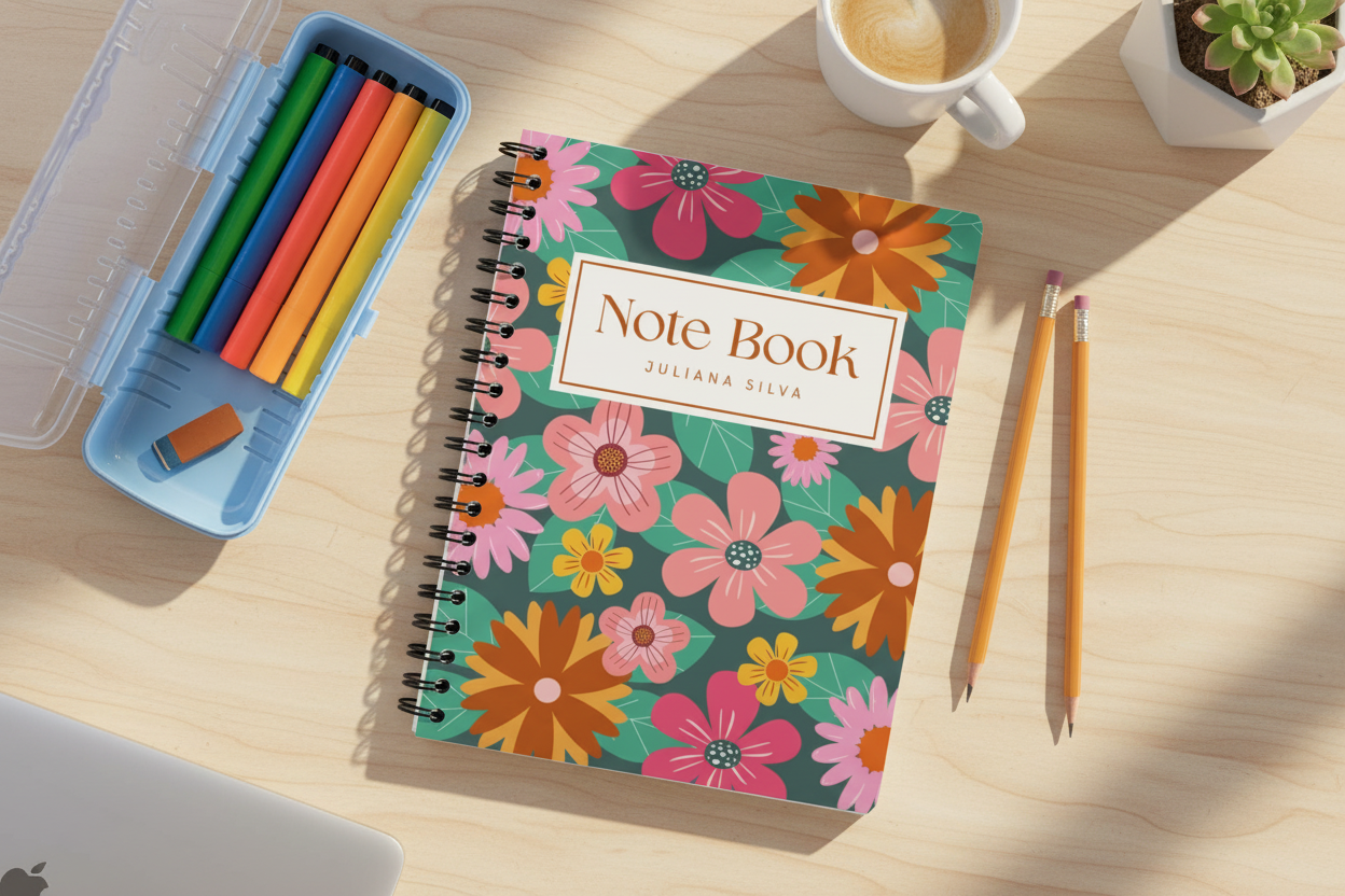 Top-down view with laptop and coffee