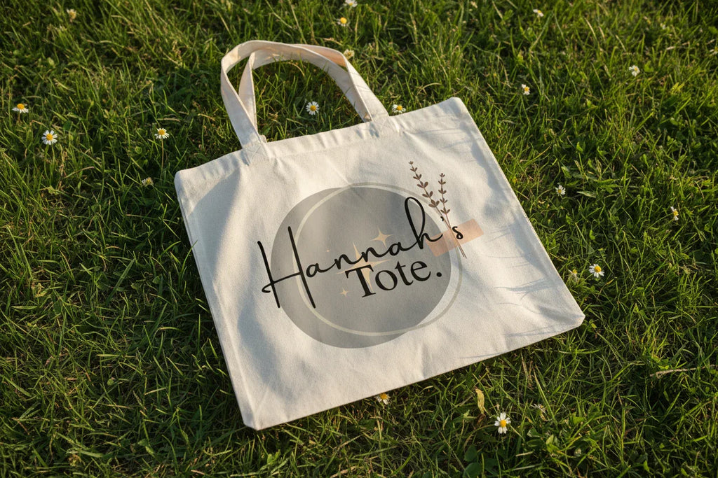White cotton tote bag with circular “Hannah’s Tote” print and small botanical sprig