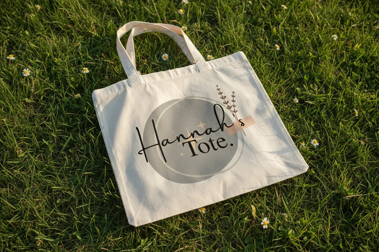 White cotton tote bag with circular “Hannah’s Tote” print and small botanical sprig