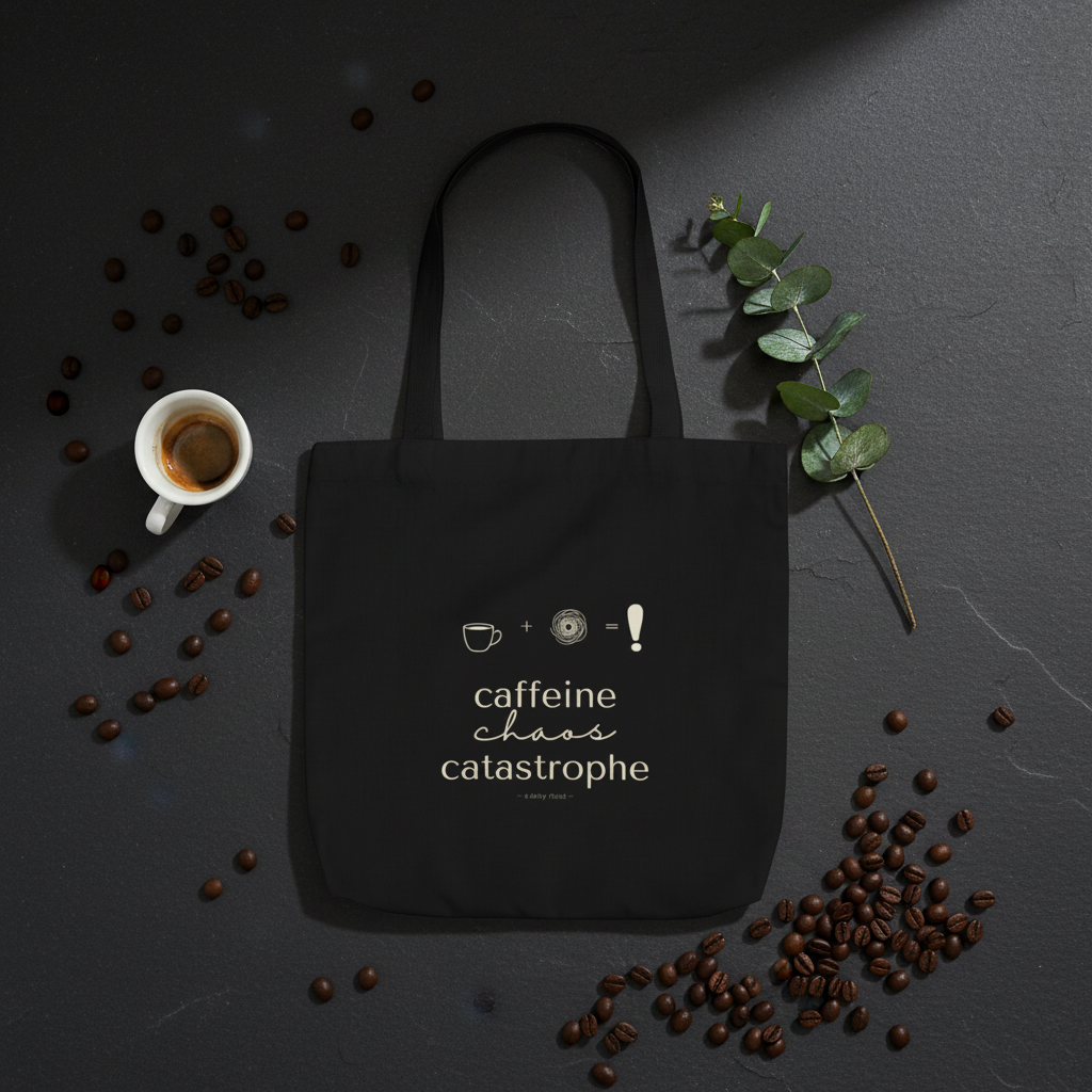 Black tote bag with coffee graphic, cup and small icons on the front
