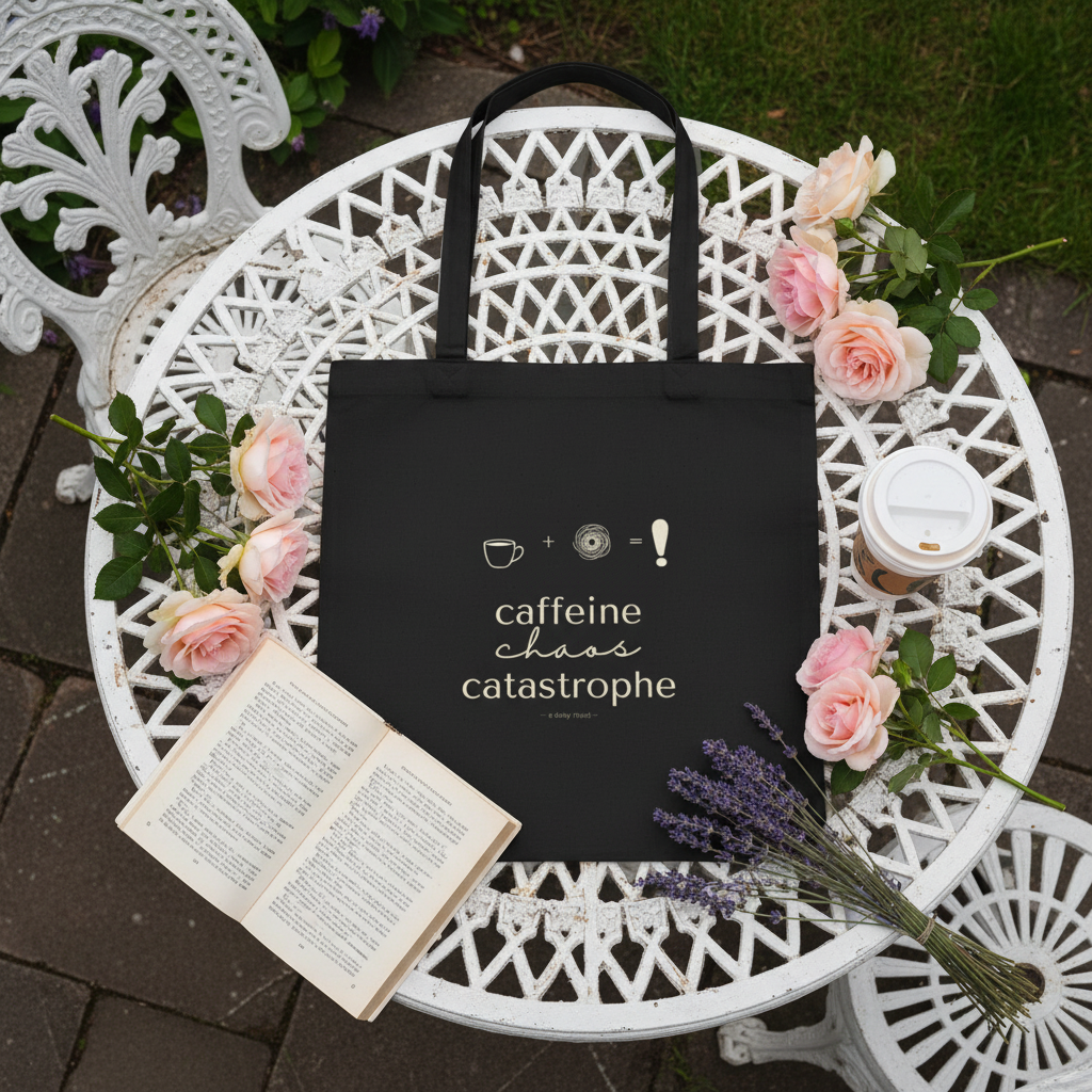 Black tote bag with coffee graphic and small icons, front view